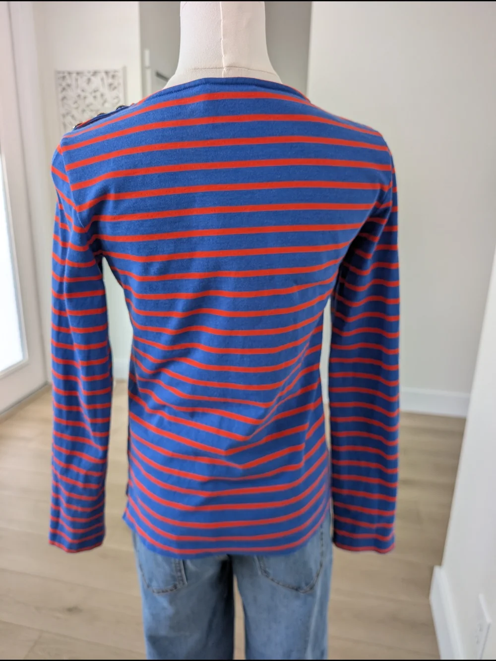 ​Tory Burch Striped Boatneck Long Sleeve Top Gold Logo Shoulder Buttons Size XS